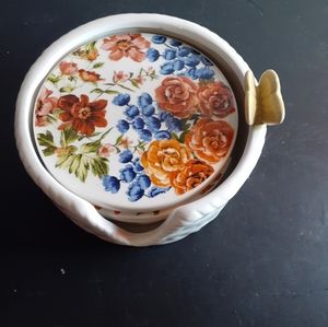 GORGEOUS NEW Pier 1 Floral Ceramic 4" Coasters Set of 4 with Holder.